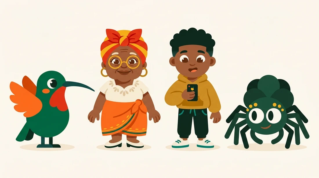 De cast van Switi Taki: Kiki, Oma Rita, Jay en Anansi