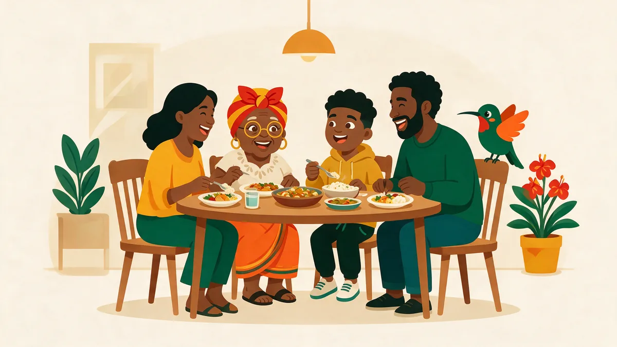 Oma Rita, Jay en de familie samen aan tafel, met Kiki de kolibri erbij