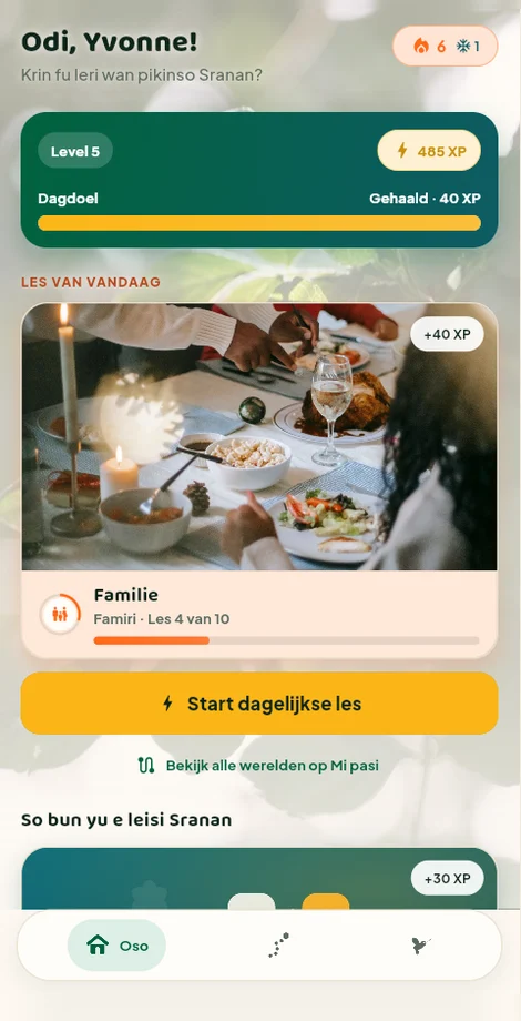 Oso-startscherm met dagdoel en les van vandaag
