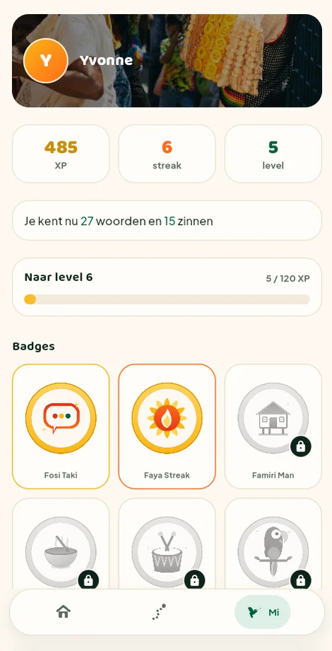 Voortgangsscherm met XP, badges en streaks