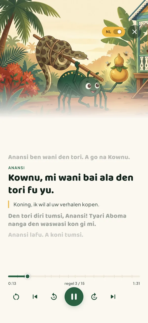 Een Anansi-verhaal met afspeelknop en ondertiteling
