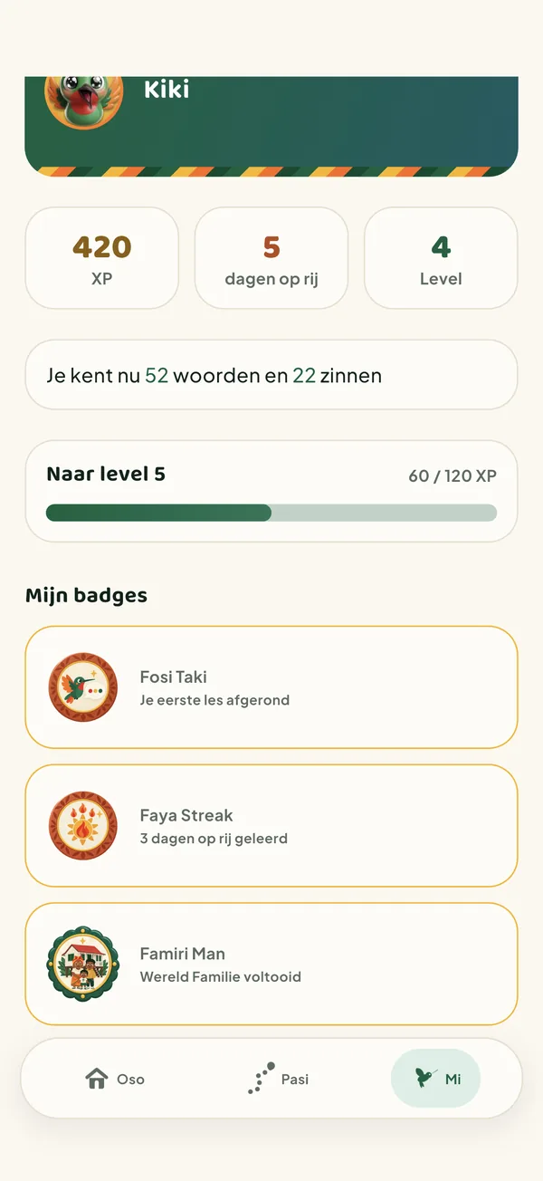 Profielscherm met XP, dagen op rij, level en badges