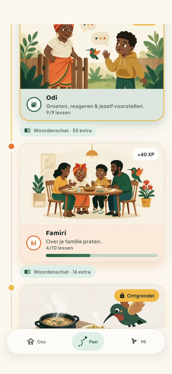 Het leerpad met de werelden Odi en Famiri en een gouden knop Ontgrendel bij de volgende wereld