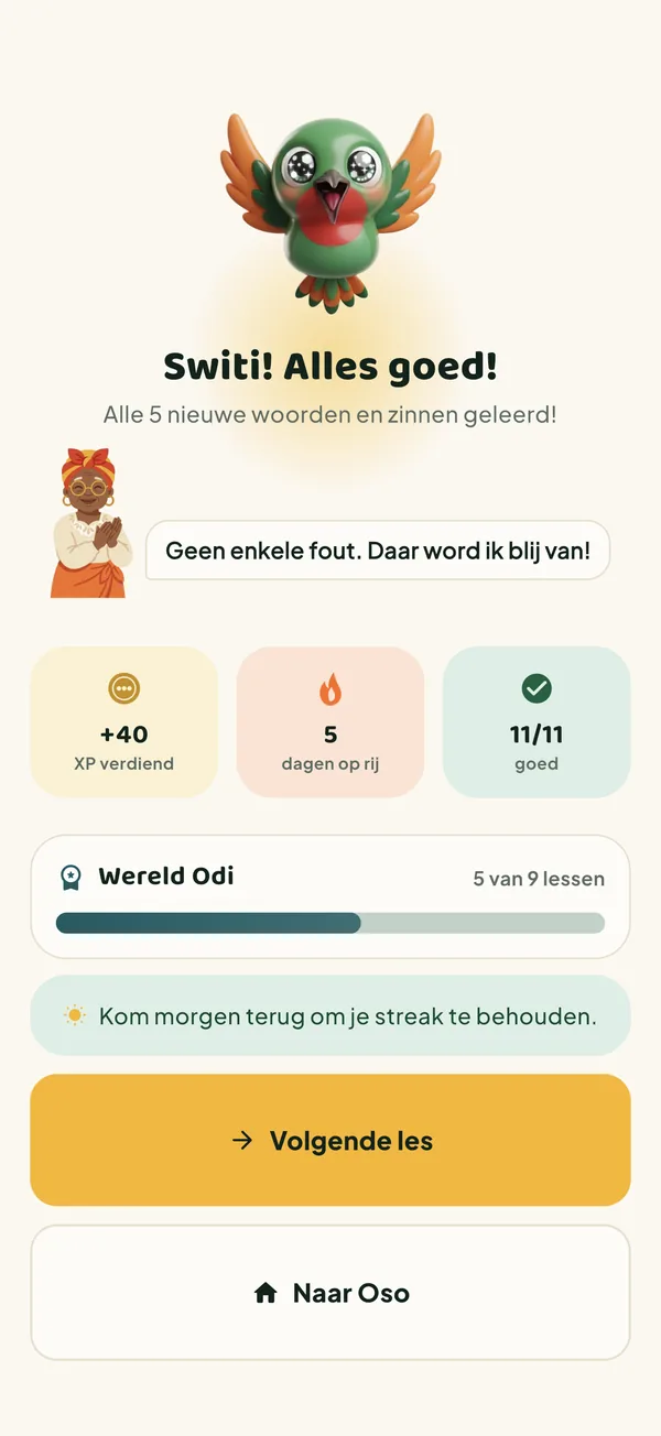 Resultaatscherm Switi! Alles goed! met Kiki, verdiende XP en de reeks